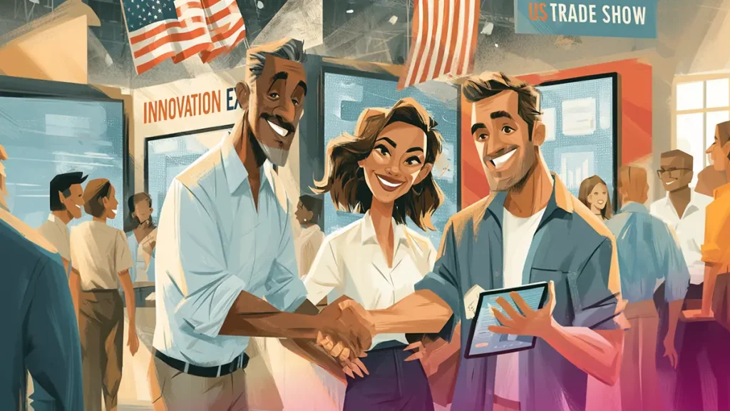 Spotkanie biznesowe na targach w USA - europejski wystawca rozmawia z amerykańskim klientem przy stoisku