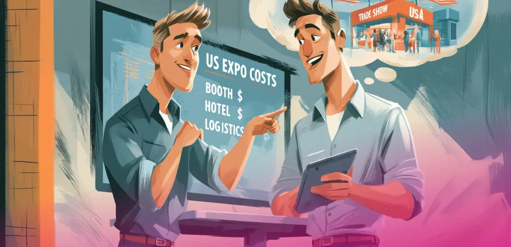 Dwóch specjalistów B2B omawia koszty budowy stoiska targowego w USA.